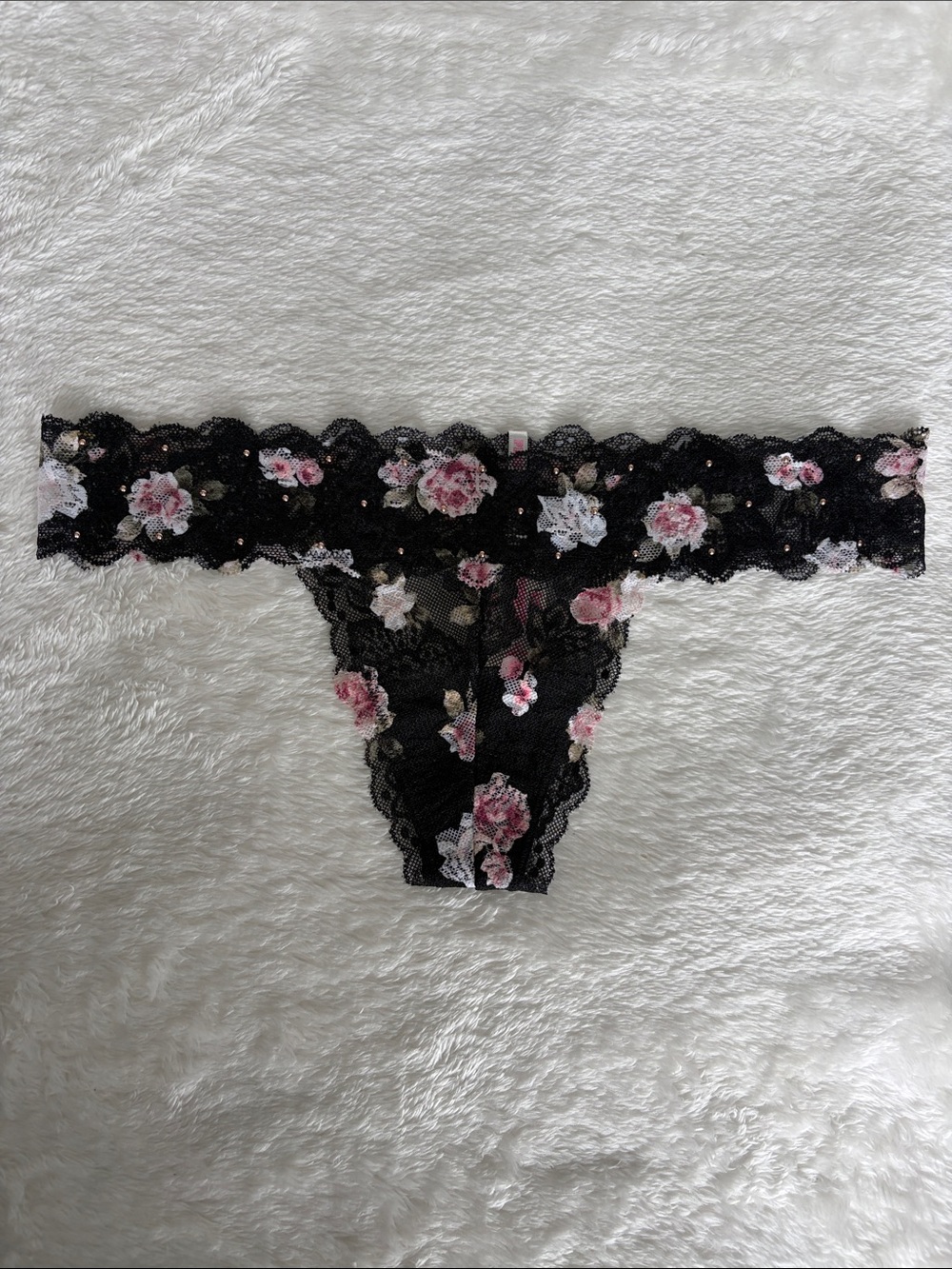 NWT Victoria’s Secret PINK Black Lace Thong with Pink Floral Print | Size M